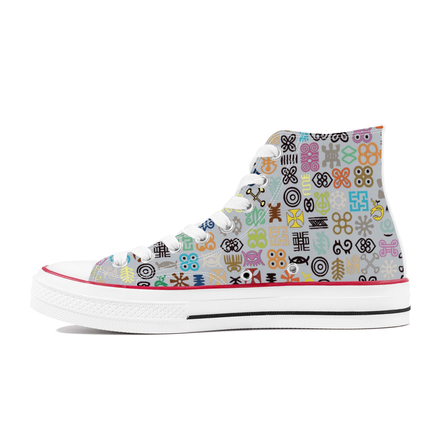 ADINKRA HIGH TOP CANVAS SHOES - SILVER GRAY SNEAKERS WITH MULTICOLOR PRINT