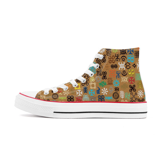 ADINKRA HIGH TOP CANVAS SHOES - COFFEE SNEAKERS WITH MULTICOLOR PRINT