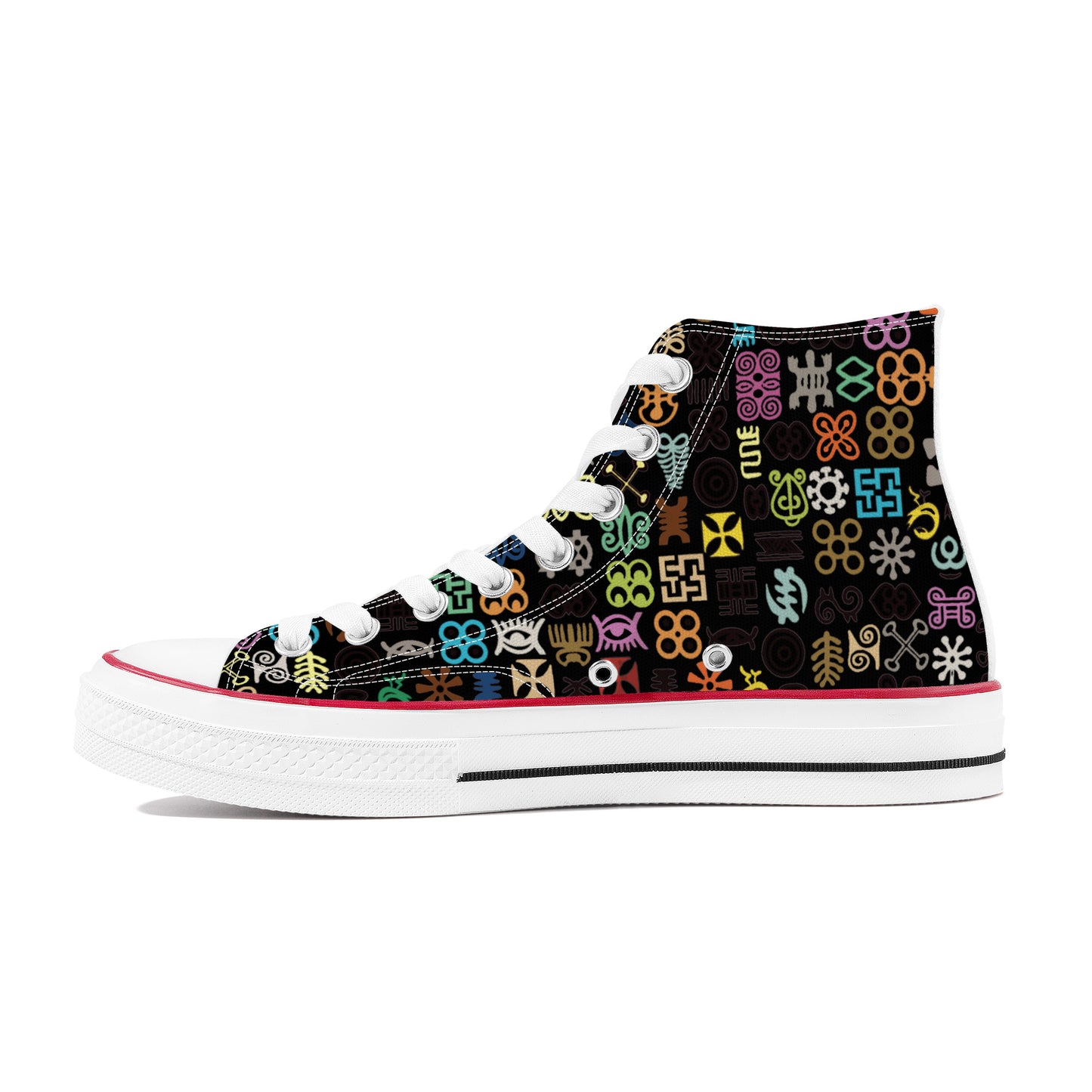 ADINKRA HIGH TOP CANVAS SHOES - BLACK SNEAKERS WITH MULTICOLOR PRINT