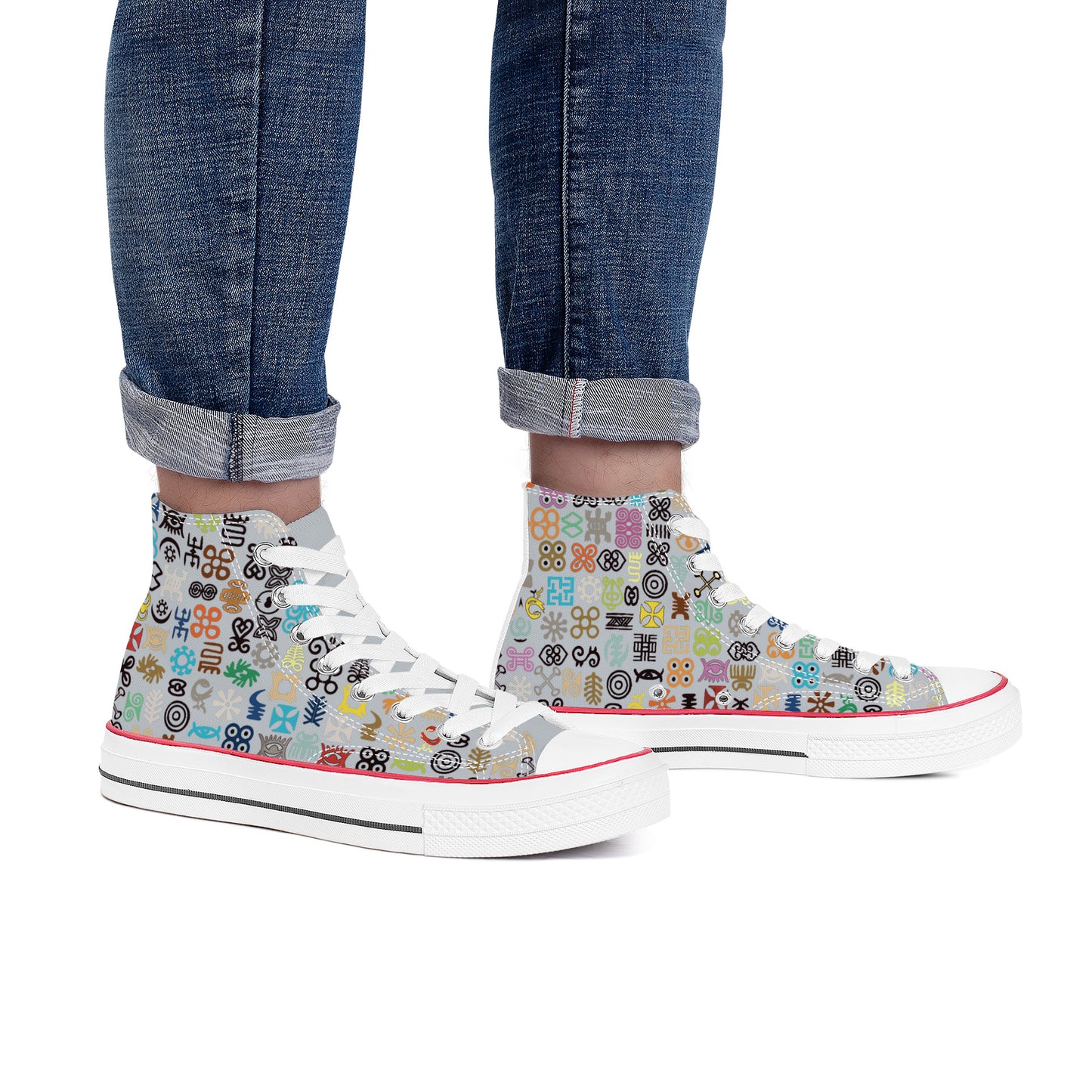 ADINKRA HIGH TOP CANVAS SHOES - SILVER GRAY SNEAKERS WITH MULTICOLOR PRINT