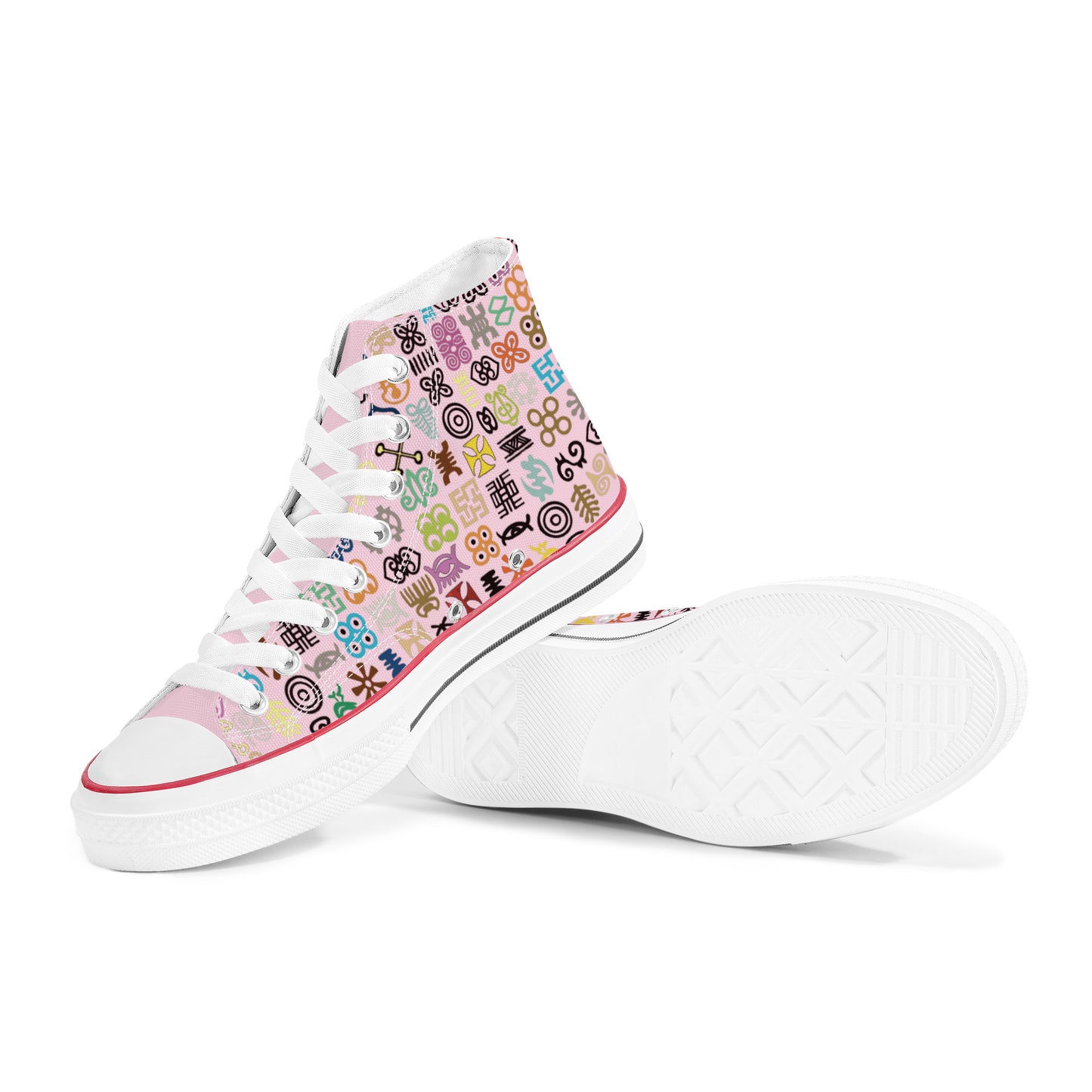 ADINKRA HIGH TOP CANVAS SHOES - SOFT PINK SNEAKERS WITH MULTICOLOR PRINT