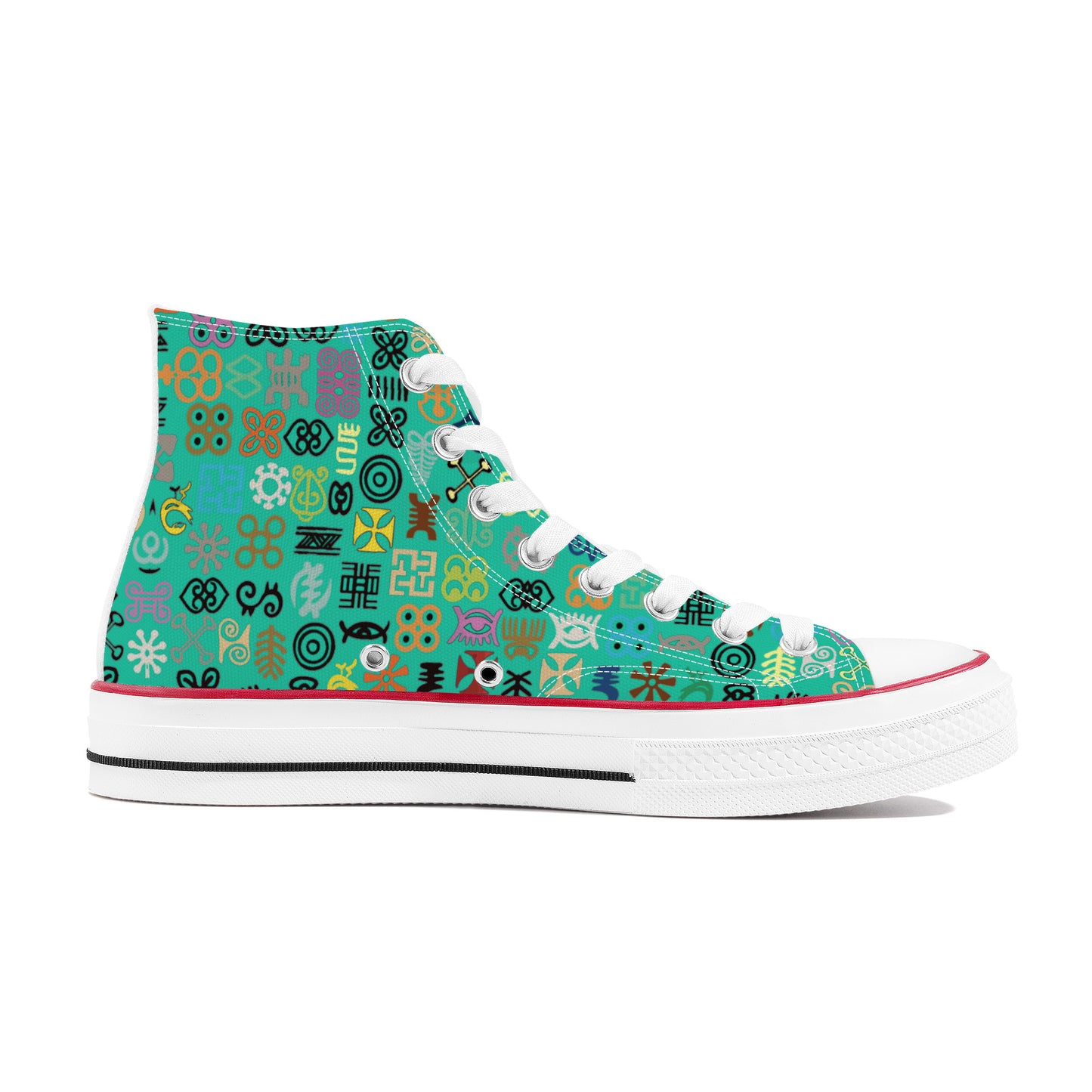 ADINKRA HIGH TOP CANVAS SHOES - TURQUOISE GREEN SNEAKERS WITH MULTICOLOR PRINT