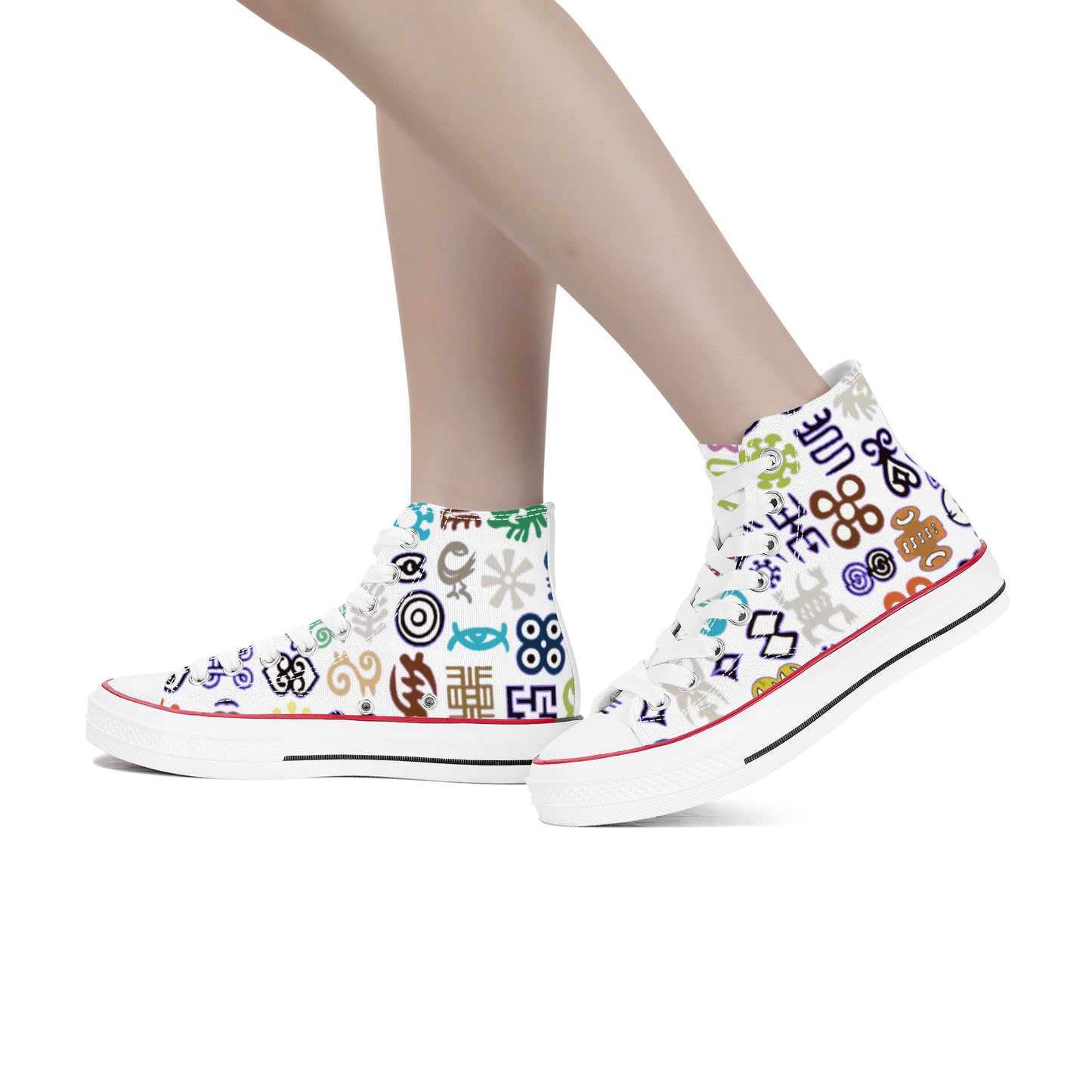 ADINKRA HIGH TOP CANVAS SHOES - WHITE SNEAKERS WITH MULTICOLOR PRINT