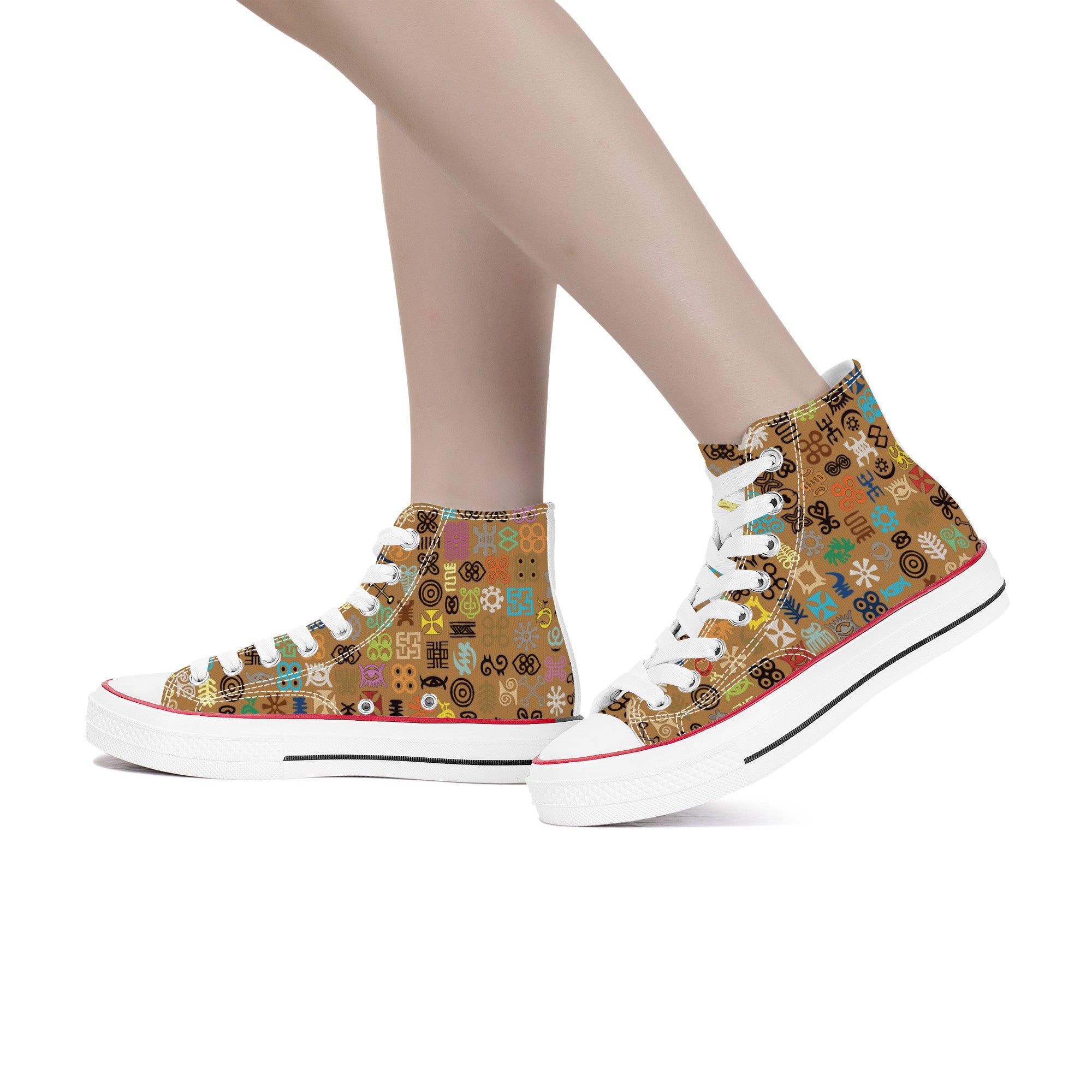 ADINKRA HIGH TOP CANVAS SHOES - COFFEE SNEAKERS WITH MULTICOLOR PRINT