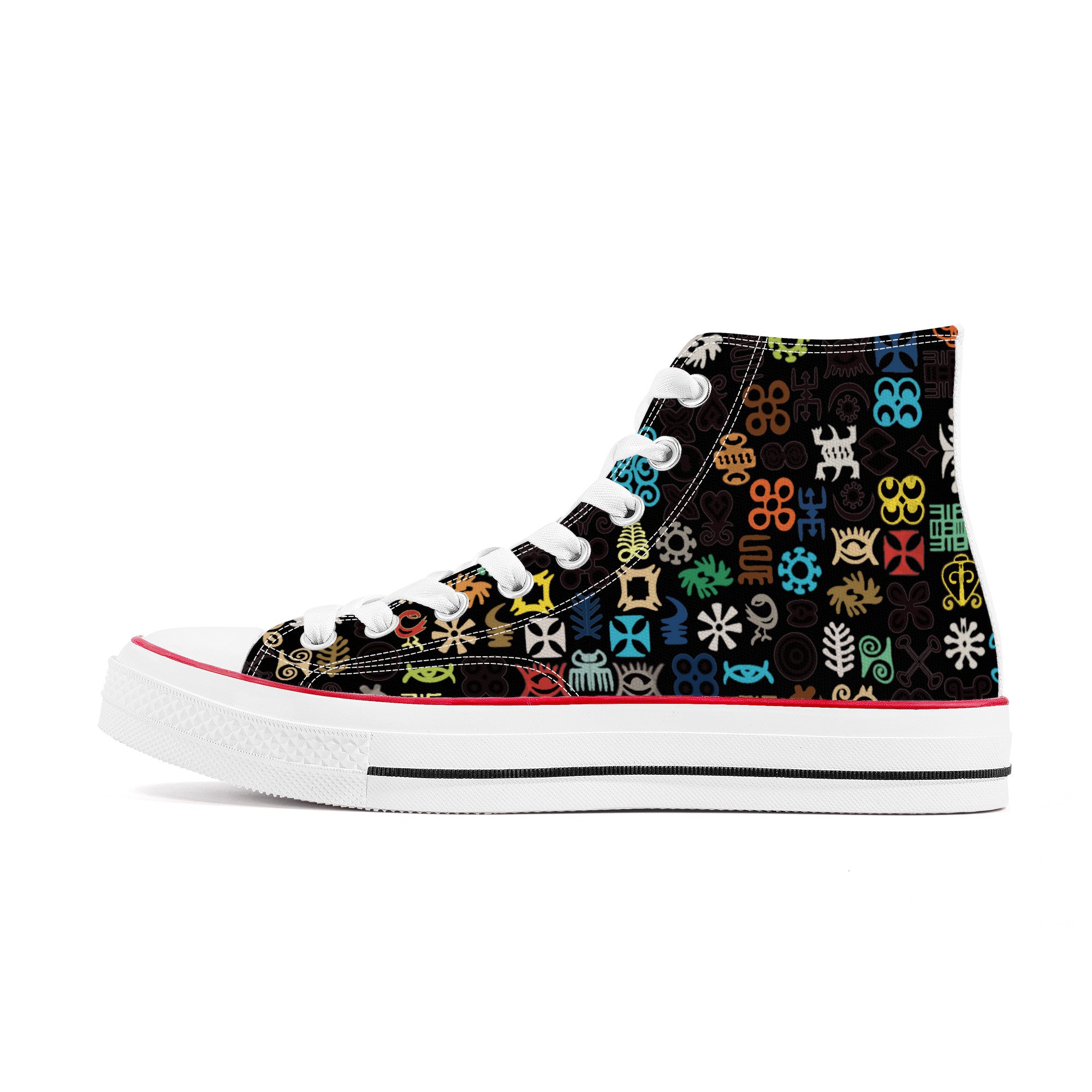 ADINKRA HIGH TOP CANVAS SHOES - BLACK SNEAKERS WITH MULTICOLOR PRINT