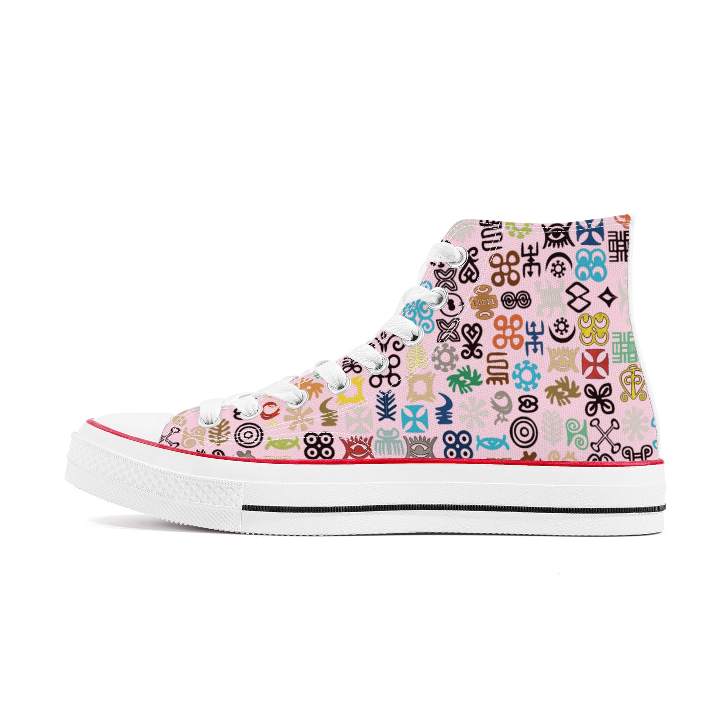 ADINKRA HIGH TOP CANVAS SHOES - SOFT PINK SNEAKERS WITH MULTICOLOR PRINT