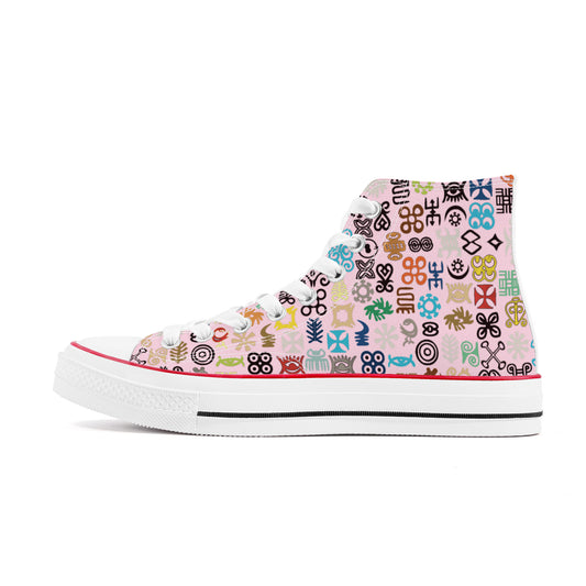 ADINKRA HIGH TOP CANVAS SHOES - SOFT PINK SNEAKERS WITH MULTICOLOR PRINT