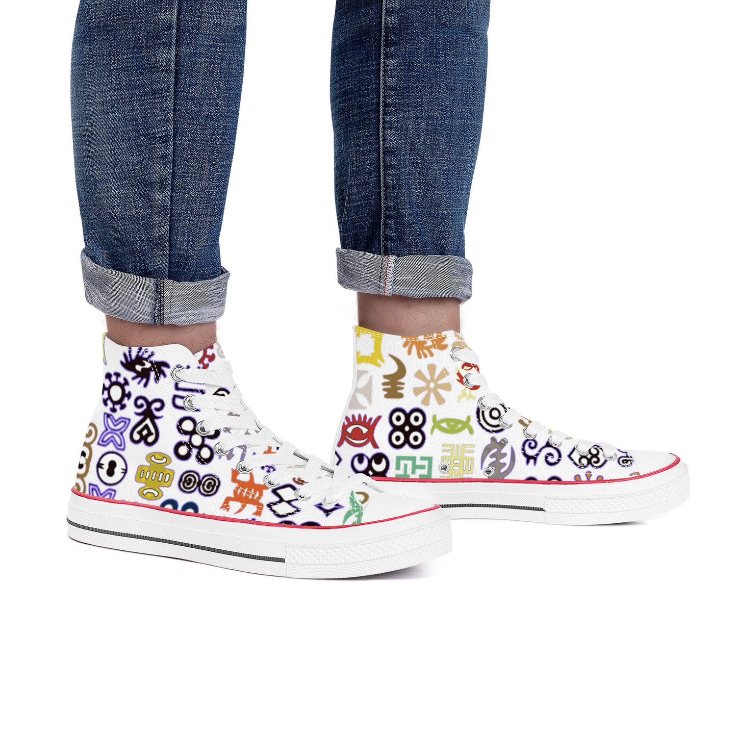 ADINKRA HIGH TOP CANVAS SHOES - WHITE SNEAKERS WITH MULTICOLOR PRINT