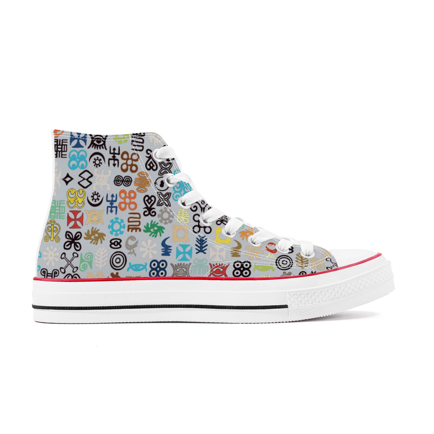 ADINKRA HIGH TOP CANVAS SHOES - SILVER GRAY SNEAKERS WITH MULTICOLOR PRINT