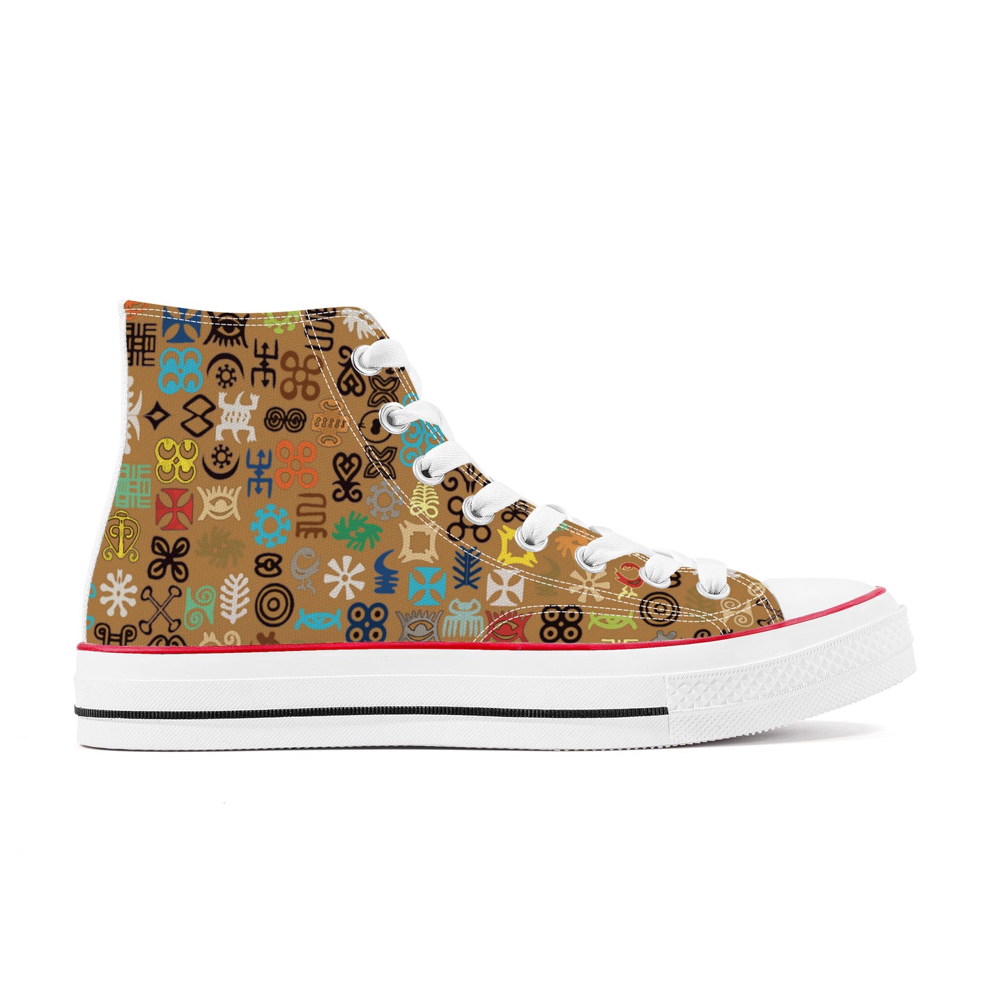 ADINKRA HIGH TOP CANVAS SHOES - COFFEE SNEAKERS WITH MULTICOLOR PRINT