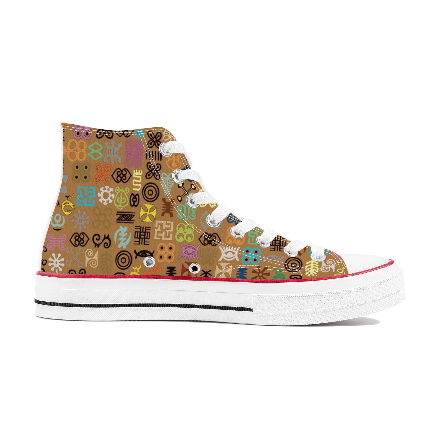 ADINKRA HIGH TOP CANVAS SHOES - COFFEE SNEAKERS WITH MULTICOLOR PRINT