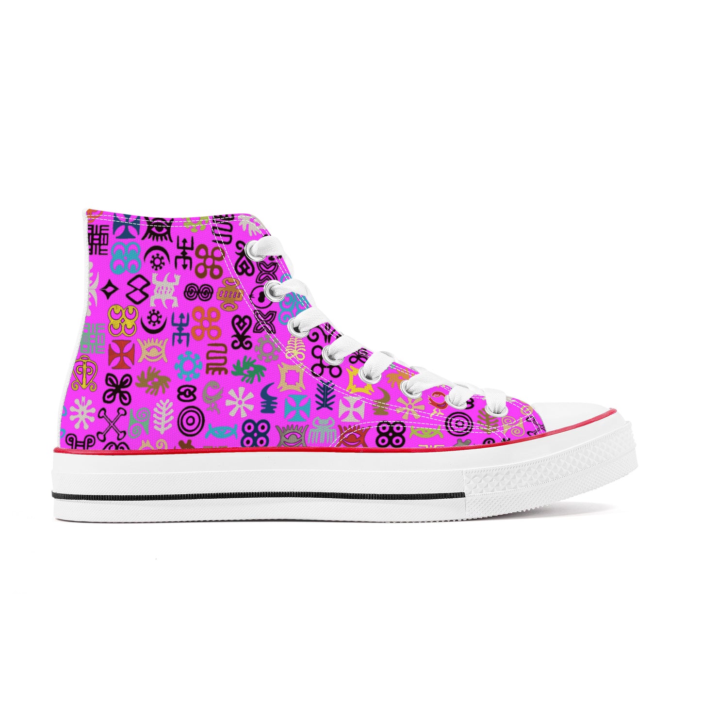 ADINKRA HIGH TOP CANVAS SHOES - HOT PURPLE SNEAKERS WITH MULTICOLOR PRINT