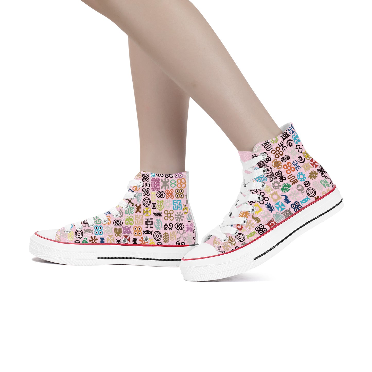 ADINKRA HIGH TOP CANVAS SHOES - SOFT PINK SNEAKERS WITH MULTICOLOR PRINT