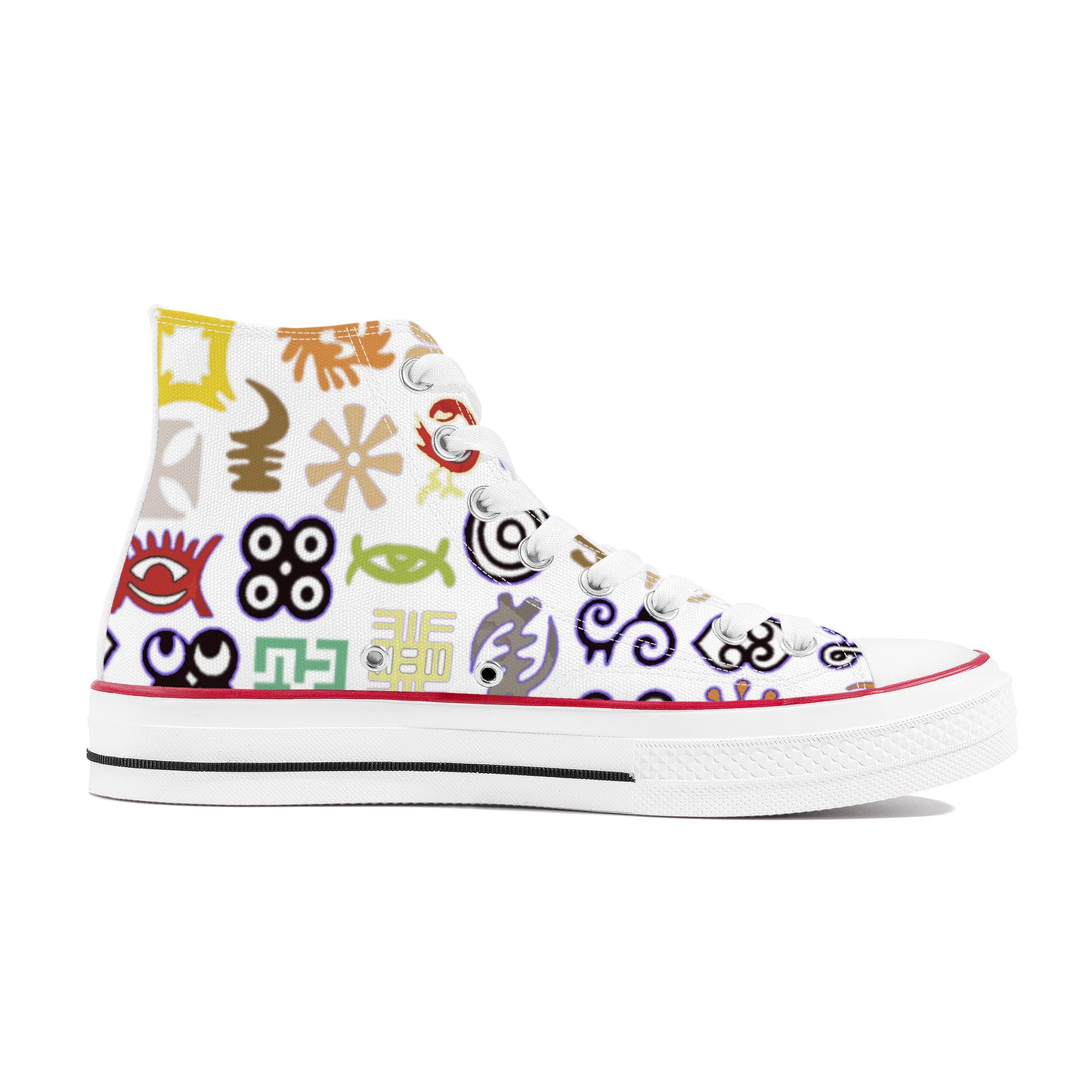 ADINKRA HIGH TOP CANVAS SHOES - WHITE SNEAKERS WITH MULTICOLOR PRINT