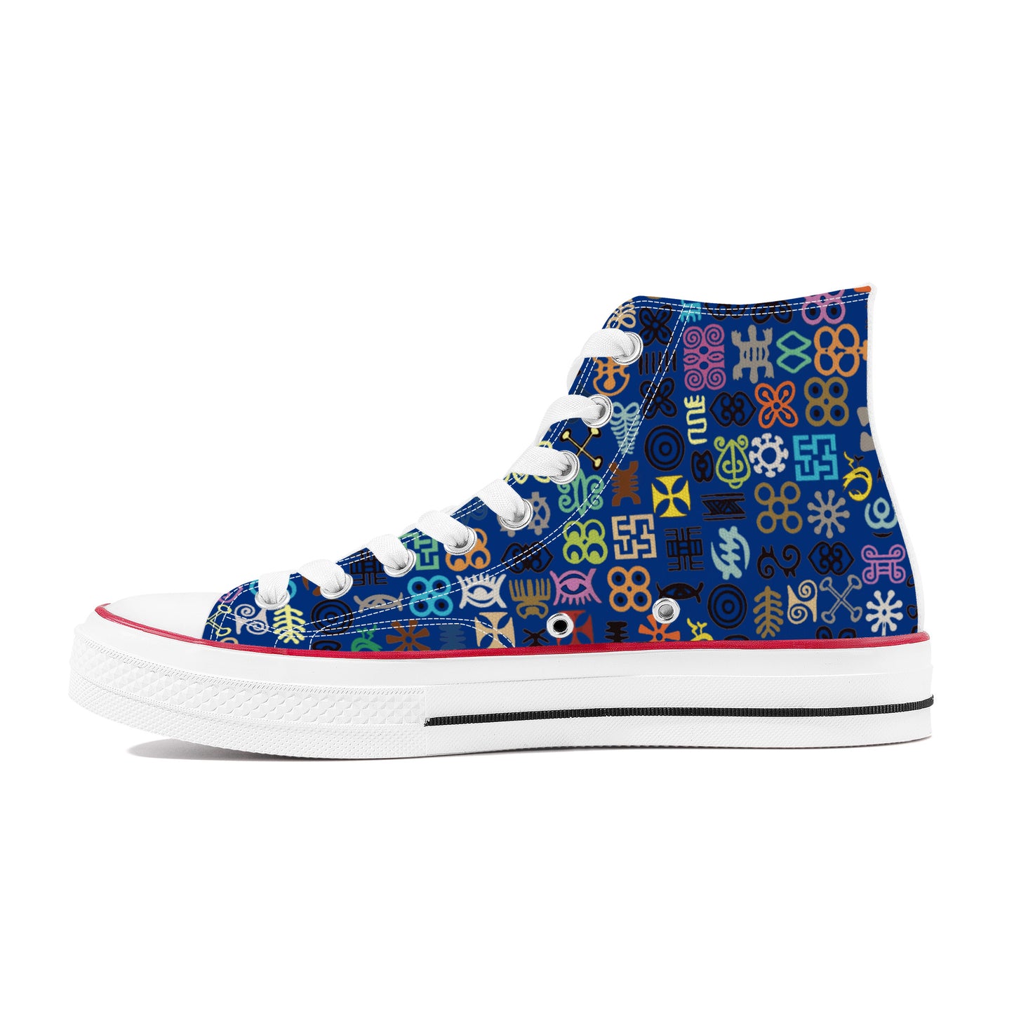 ADINKRA HIGH TOP CANVAS SHOES - BLUE SNEAKERS WITH MULTICOLOR PRINT