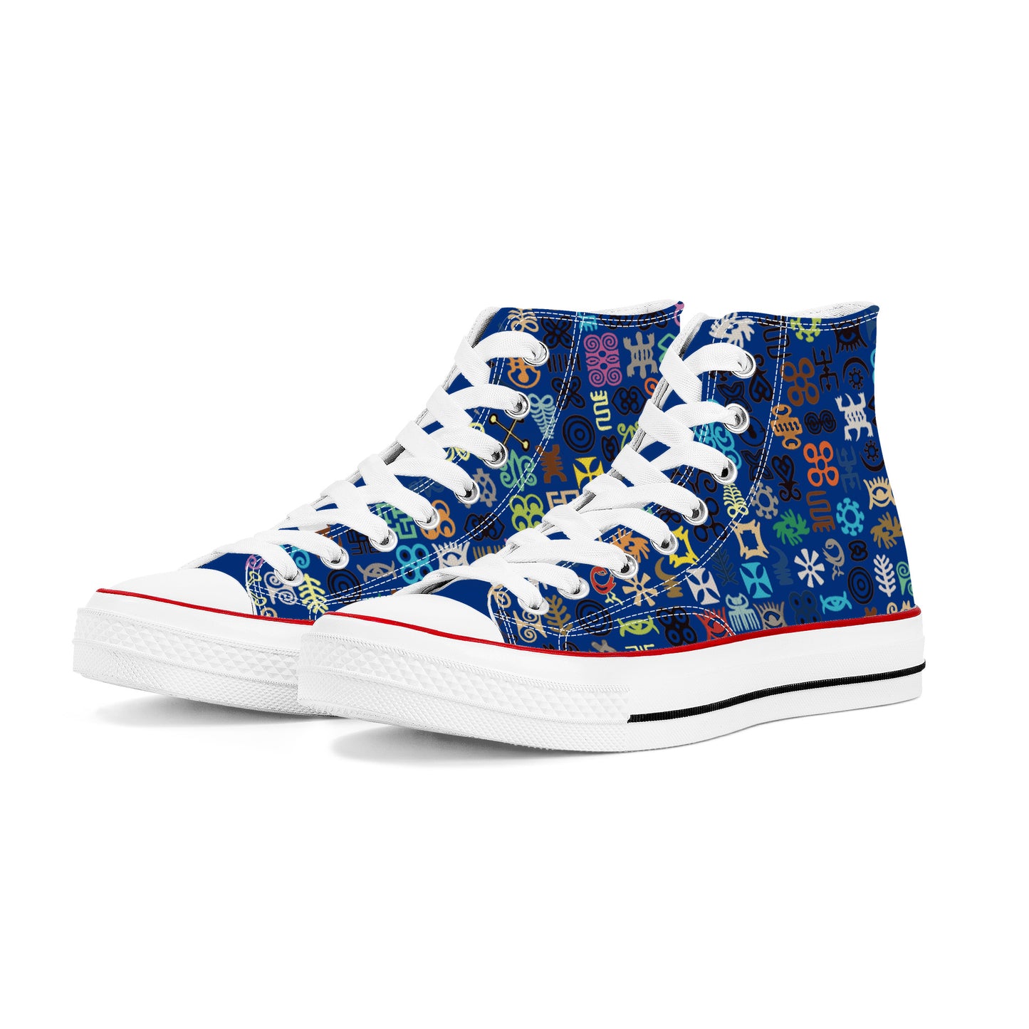 ADINKRA HIGH TOP CANVAS SHOES - BLUE SNEAKERS WITH MULTICOLOR PRINT